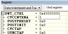 DWT Controlレジスタ、CYCNTENAビット（DWT_CTRL.CYCNTEN）を1にセット